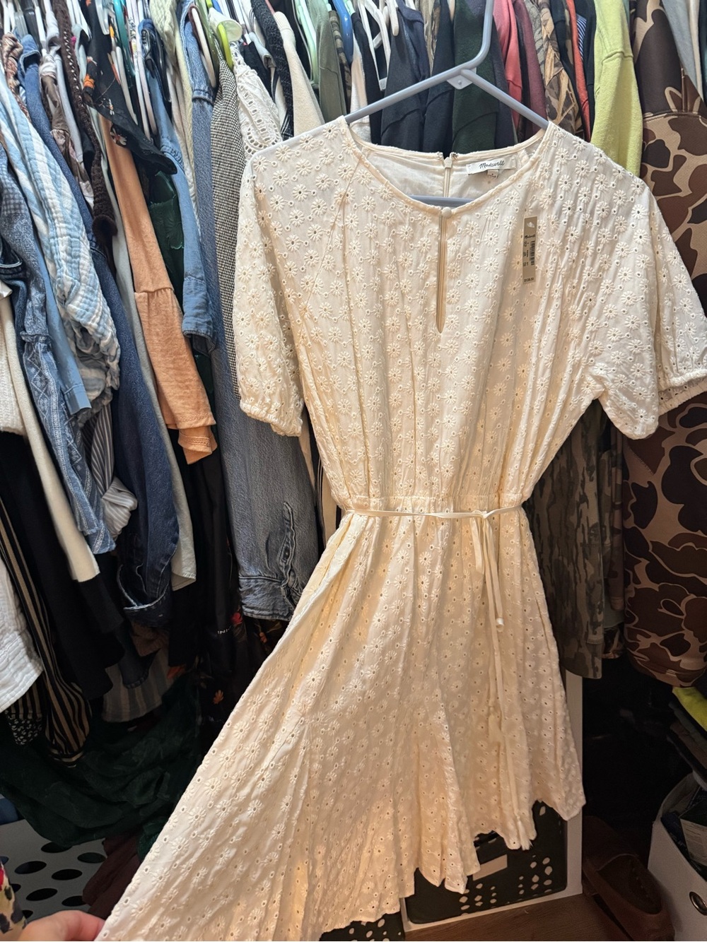Madewell Cream Eyelet Midi Dress with Waist Tie